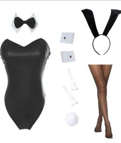 Black Faux Leather Bunny Girl Cosplay Costume Set