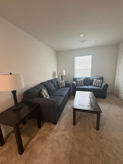 Sofa & loveseat, coffee table, 2 end tables, 2 lamps