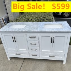 60”white double sink bathroom vanity with carrara white marble stone top