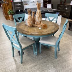 Five Piece Blue Solid Acacia Wood Round Dining Table - French Blue