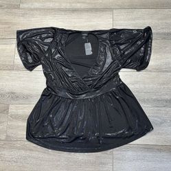 Torrid Black Metallic Liquid Shimmer Shine Crew Neck Short Sleeve Top Size 1XL 