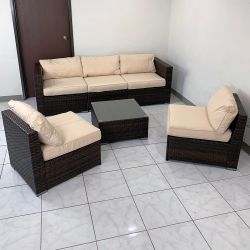 $395 (New) 6pcs patio furniture set outdoor sectional set wicker rattan sofa chair set w/ cushion, glass table