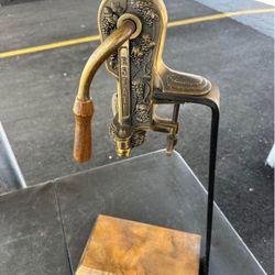 Rogar Estate Antique Brass Table Top Wine Bottle Opener w/ Wood Stand Corkscrew (working!!)