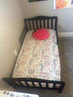 HONEY JOY Toddler Bed Frame, Solid Rubber Wood Frame w/Safety Guardrail, Fits Crib Full Size Mattress (Not Included), Children Classic Sleeping Bedroo