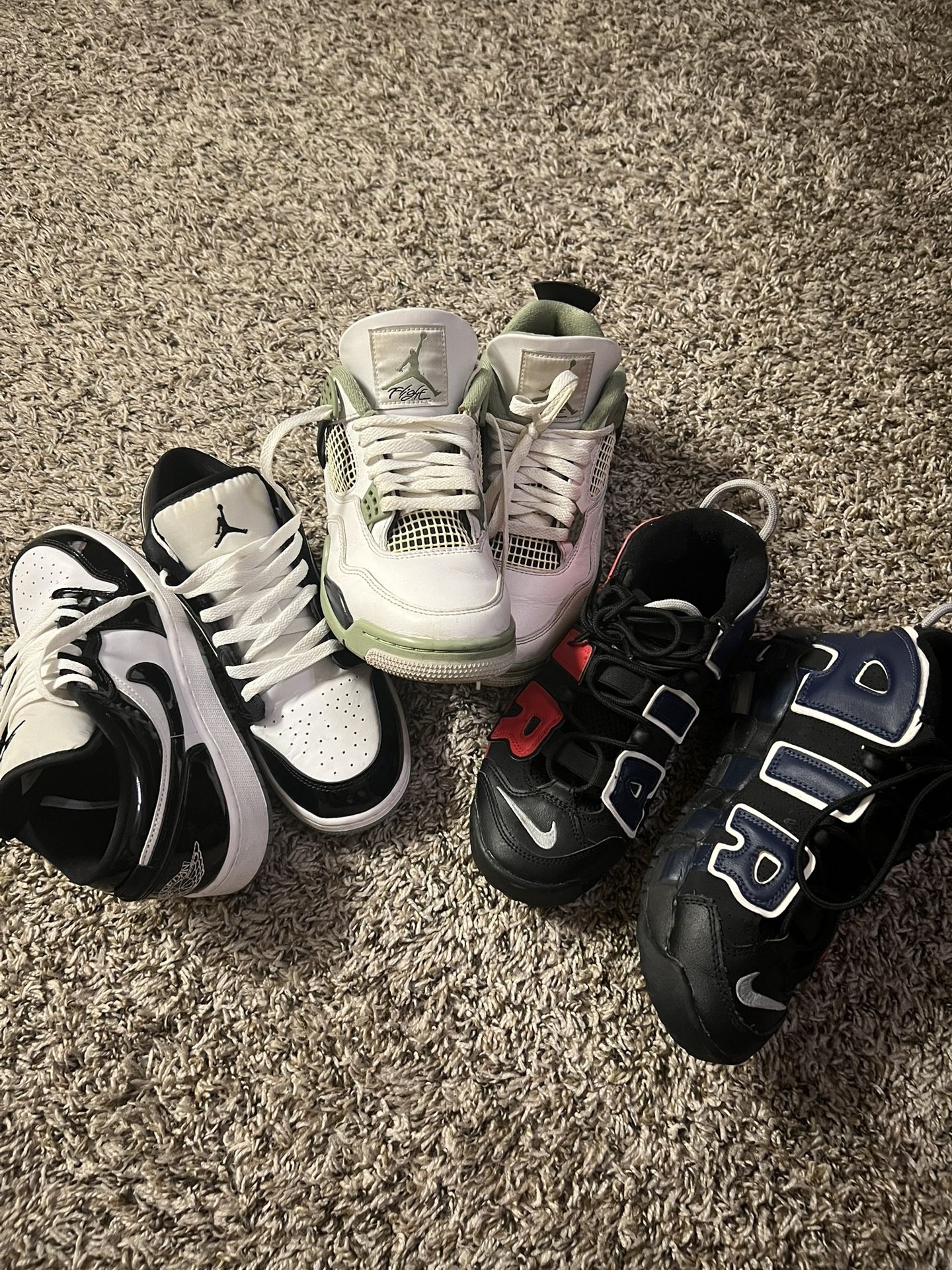 Nike Air Jordan 4 Retro "Seafoam" size 7, Air Jordan 1 Low SE "Concord" size 6, Nike Air More Uptempo '96 size 5