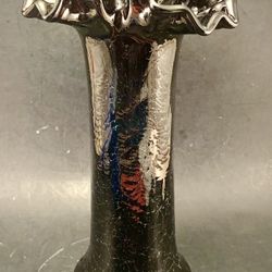 VTG Purple Amethyst Onyx Hand Blown Glass Vase Crimped Ruffled Rim—1 Ft Tall