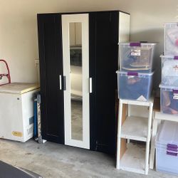 Ikea Wardrobe 3 Door Black White Clothing Rail Shelves