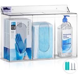 Clear Acrylic Medical Organizer Hygiene Station with Lid - 3 Compartment Glove Dispenser Wall Mount Container for Face Masks, Hairnet, Glovebox - Hair