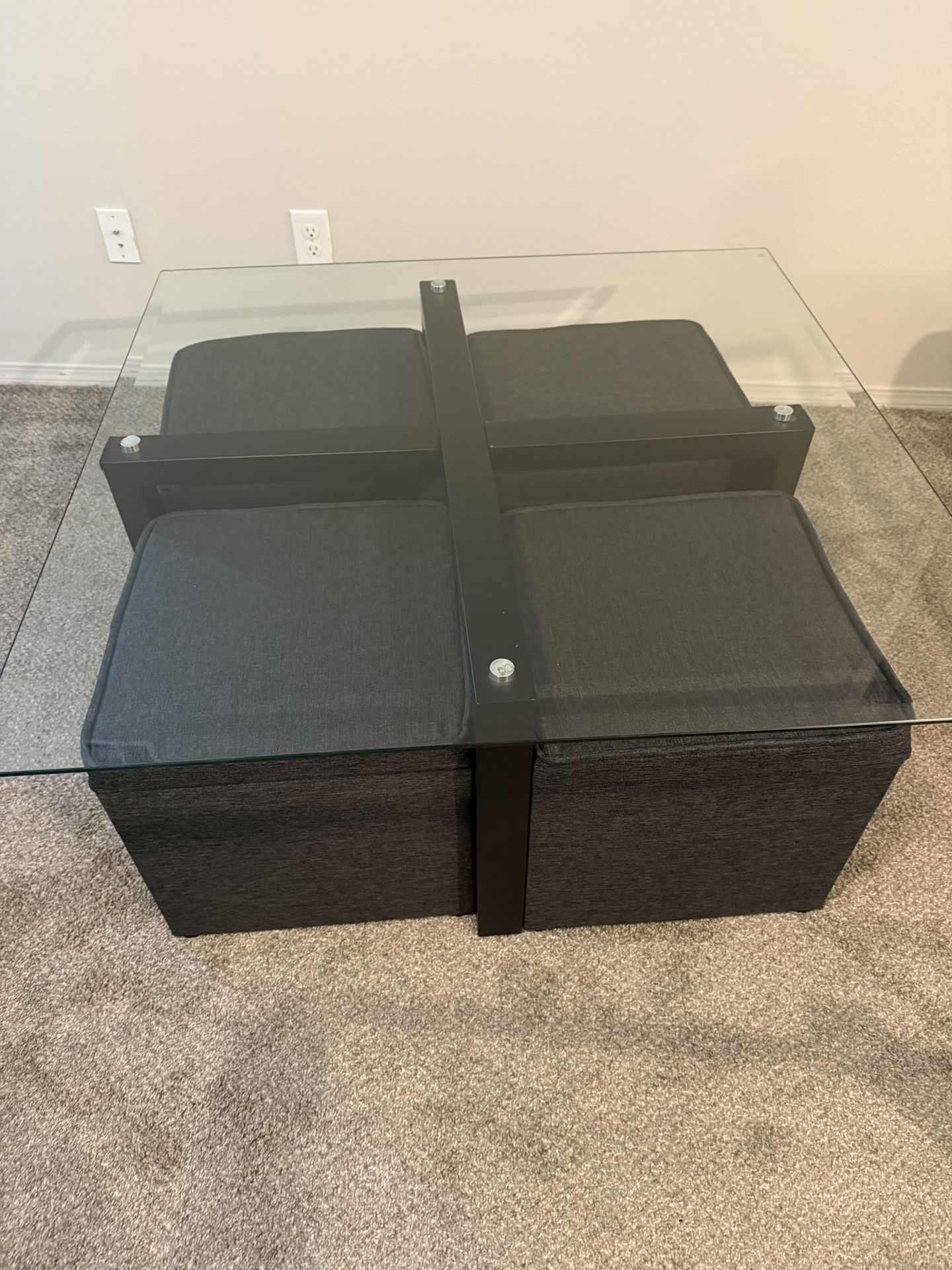 Glass Table with Four (4) Storage Ottomans