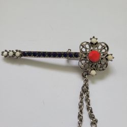 Vintage Guitar Pin Brooch Rhinestone Red Blue White Silver Tone Patriotic