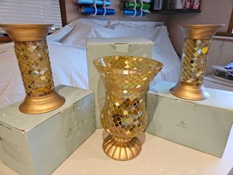 PartyLite Gold Mosaic Hurricane & Column 3pc set