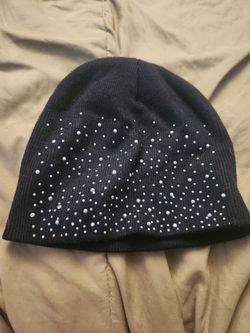 Black Knit Beanie with Rhinestone Embellishments