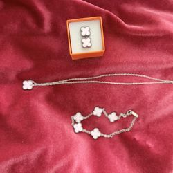 Pink Clover Necklace Bracket And Matching Earrings 