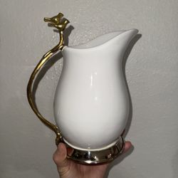 Porcelain Pitcher With Golden Metal Handle Perched Birds