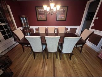 Raymour & Flanigan Keira Collection Double Pedestal Dining Room Table w/ 10 matching upholstered chairs