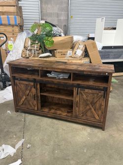 57" LED Farmhouse TV Stand for 65/60/55 Inch TVs,Tall Entertainment Center Storage Cabinets w/Power Outlets and Sliding Barn Door,Rustic TV Stands for