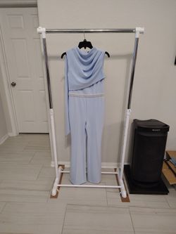 light blue MOTF jumpsuit with asymmetric neckline, cape detailing, and a beaded belt. women, size XS