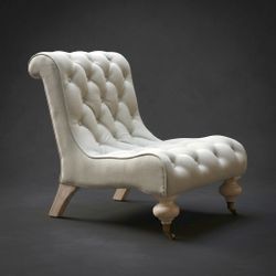Vintage French Country Tufted Armless Slipper Chair - Off-White Linen