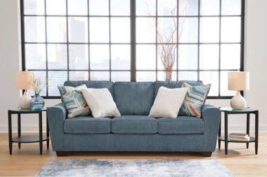 Blue Fabric 3-Seat Sofa with Throw Pillows