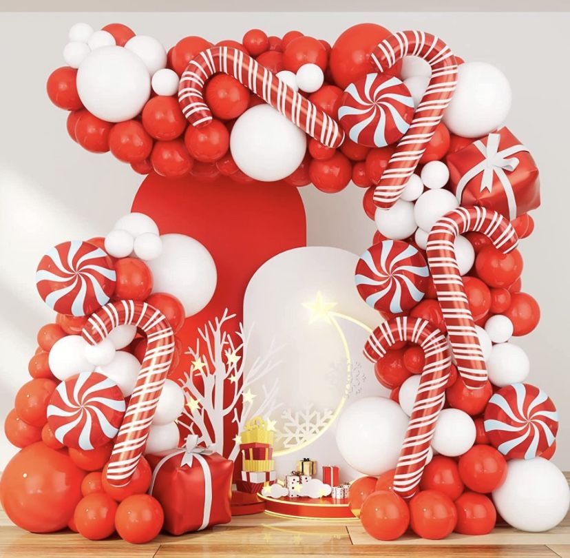 Christmas Balloon Garland Arch Kit 143 Pieces with Christmas Red White Candy Cane Balloon Gift Box Balloons for Christmas Holiday Candy Theme Xmas Par