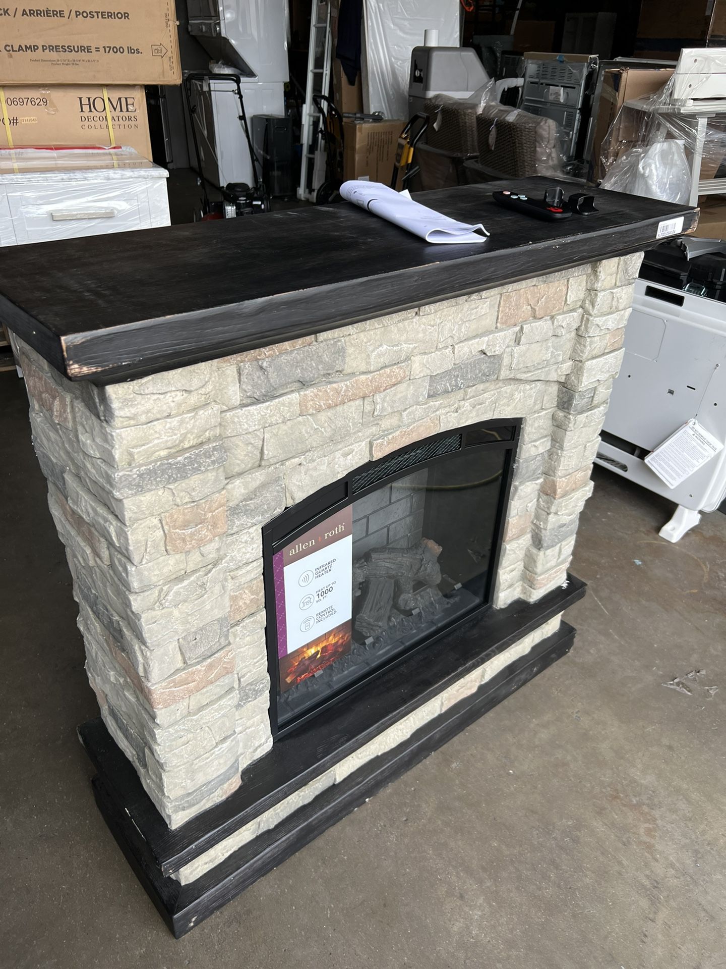 allen + roth 43.5-in W Faux Stone Infrared Quartz Electric Fireplace