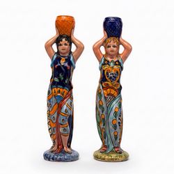Pair of vintage hand-painted, Mexican folk art Talavera MAJOLICA pottery candlestick 12H