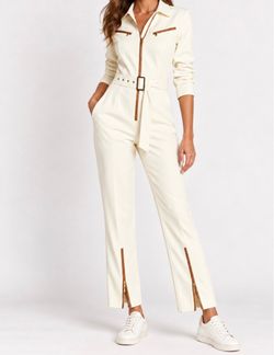 Cream Belted Jumpsuit with Brown Trim