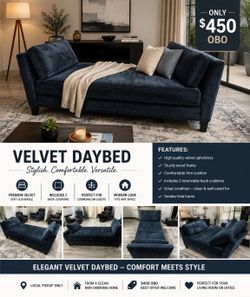 Comfy and Contemporary- Navy Blue Velvet Daybed / Futon Sofa – Excellent Condition – $450 OBO