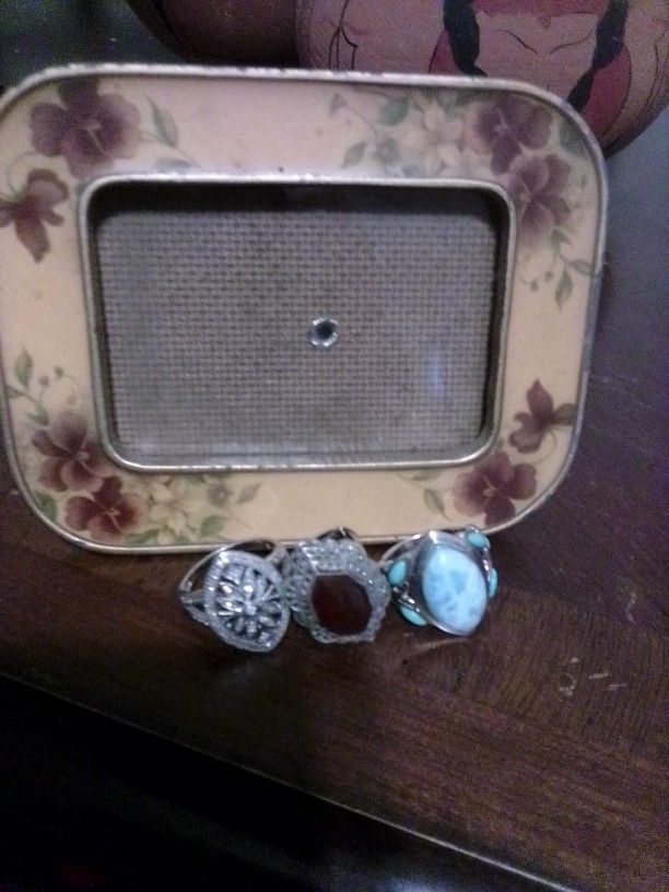 Antique Small Picture Frame And 3 Very Special Unique Silver Rings