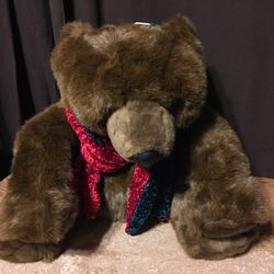 Large Christmas Brown Bear With Green Red Scarf MTY International 14 In X 16 In