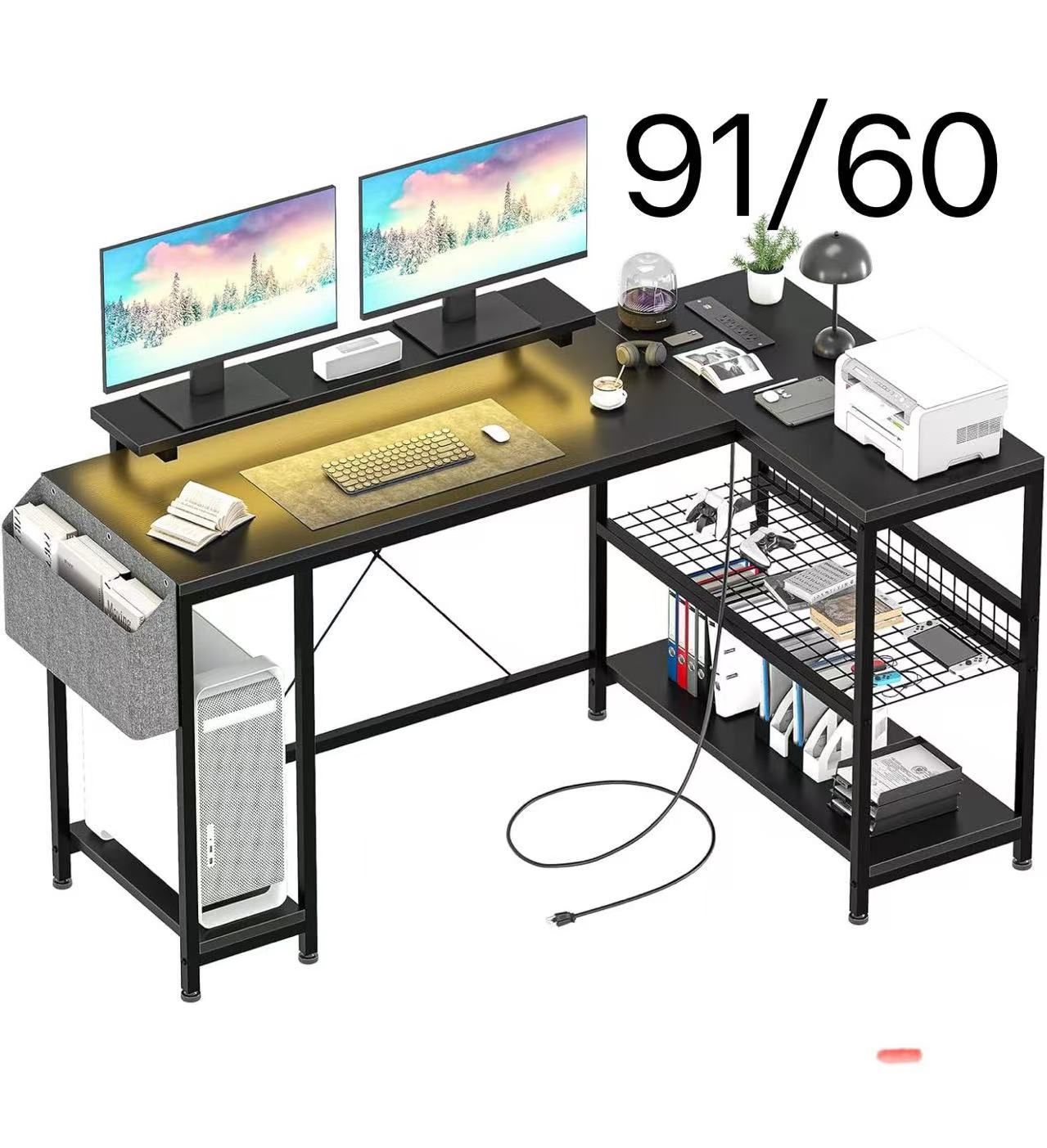 L Shaped Desk with Power Outlet & LED Lights, Reversible Corner Computer Desk with Storage Shelves & Monitor Stand, Home Office Desk for Gaming Writin