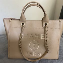 Caviar Small Studded Deauville Tote Beige