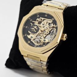 Mens Watch Gold Mechanical skeleton perpetual rotor , wind , crystal durexx glass, see through back
