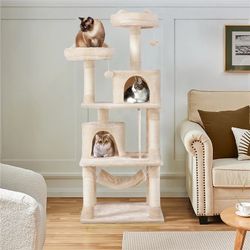 62" H Multi Level Cat Tree Tower with 2 Condos & Scratching Post, Beige