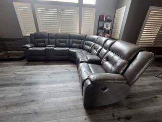 -Grey Leather Sectional with Power Reclining Seats-