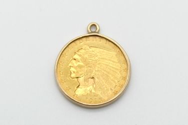 1915 Indian Head $2.50 21.6K Gold Coin Pendant 14K Yellow Gold Frame 4.7g