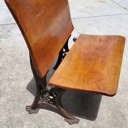 Antique Vintage Wrought Iron & Wood Student School Desk Chair Fold Down Seat