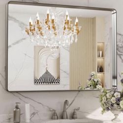 LOAAO 40X30 Inch Brushed Nickel Bathroom Mirror, Rounded Rectangle Silver Metal Frame Mirror, Brushed Nickel, Anti-Rust, Shatter Proof, Hangs Horizont