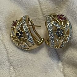 Gold Toned Diamond Chip And Ruby Earrings 
