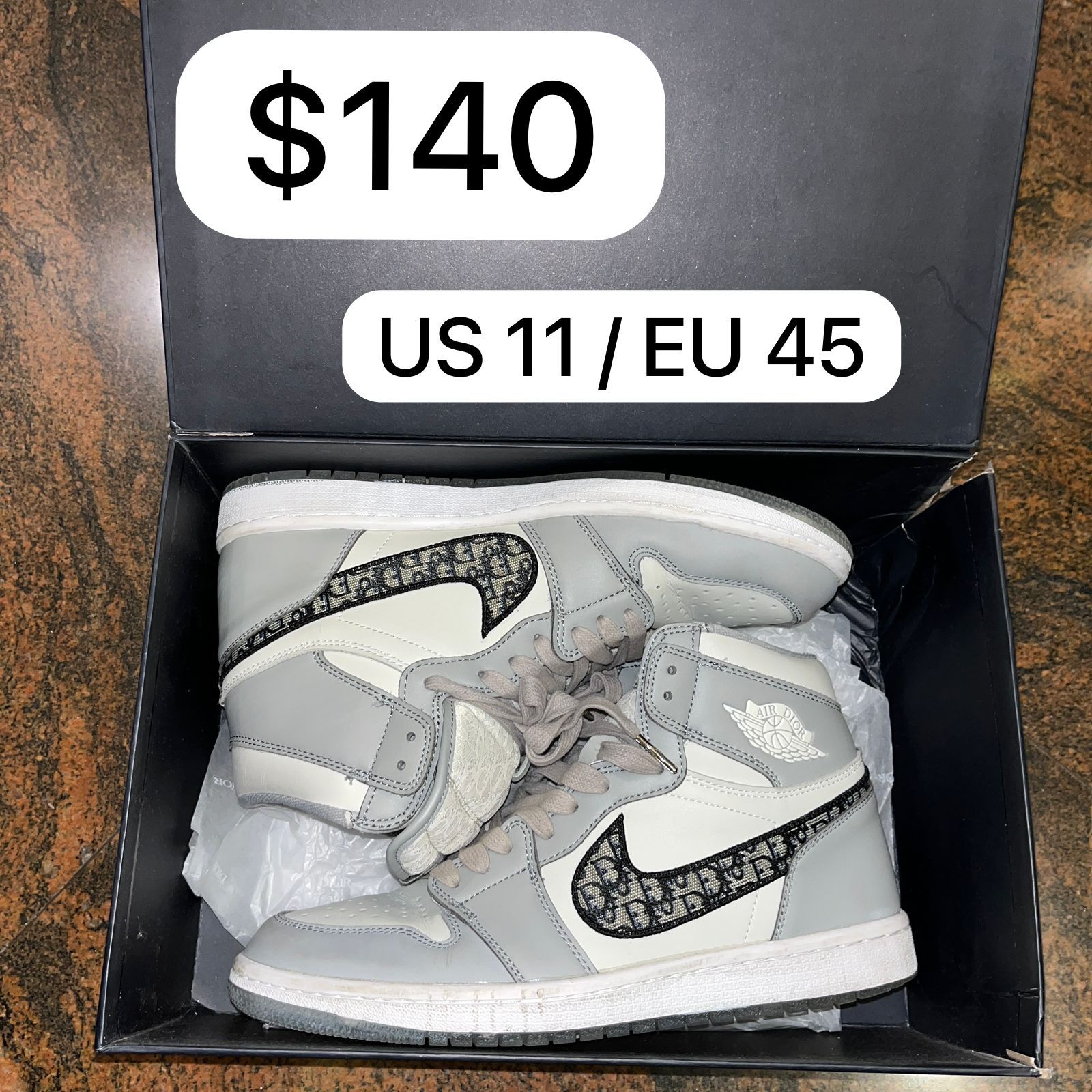 Air Dior Size 11 EU 45 Jordan Sneaker Hi Tops Jumpman Gray Nike Dunks