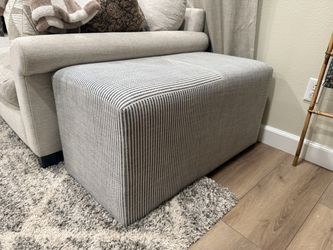 Threshold Upholstered Ottoman with Blue Stripe Fabric