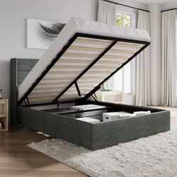 Full Size Lift Up Storage Bed/Modern Wingback Headboard/Upholstered Platform Bed Frame/Hydraulic Storage/No Box Spring Needed/Wood Slats Support/Dark 