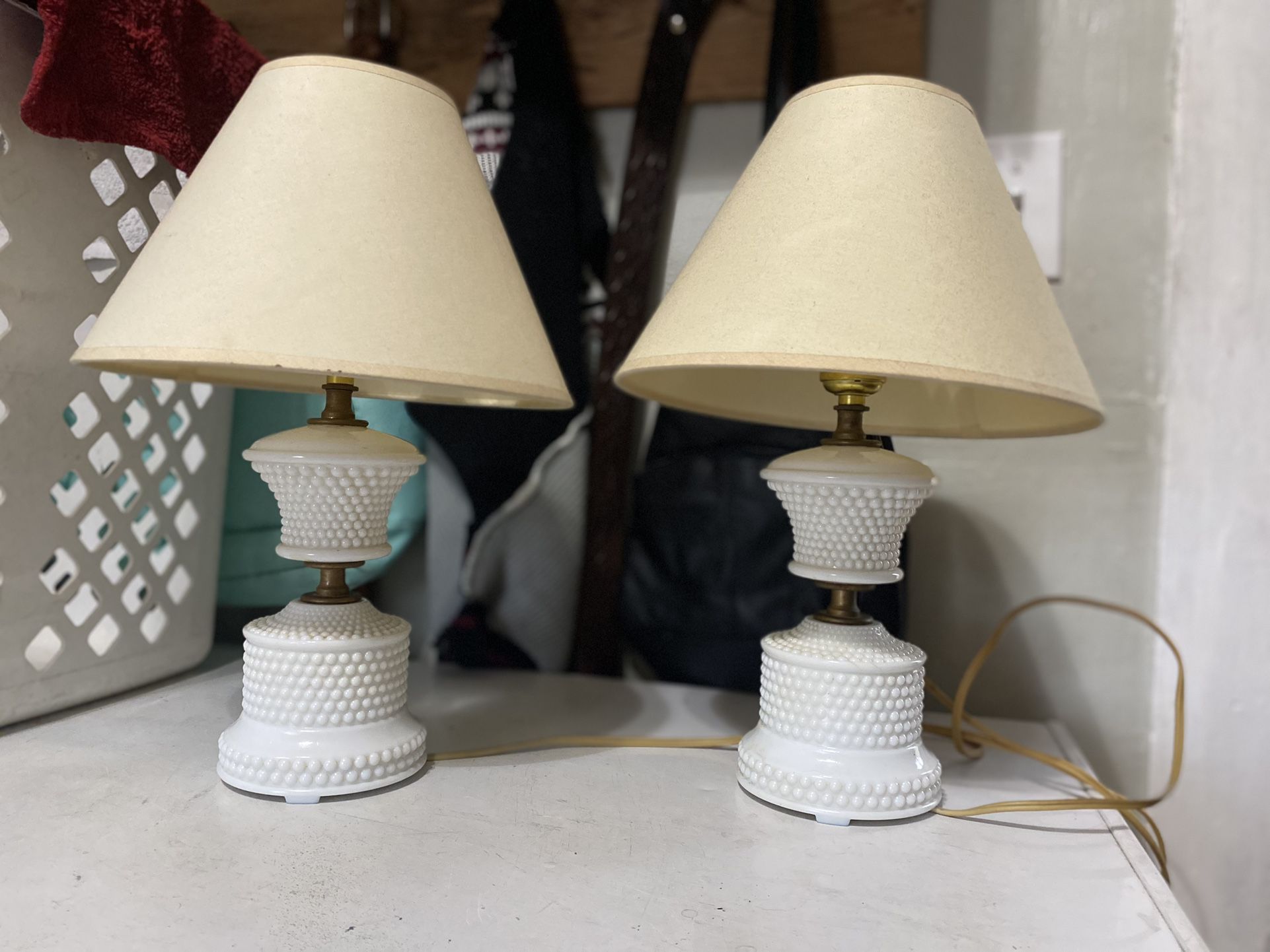 Pair Of Vintage White Milk Glass Hobnail Lamps