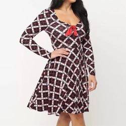 Unique Vintage (L) Hello Kitty Collab Fit & Flare Dress Sz S Black Red Plaid NWT