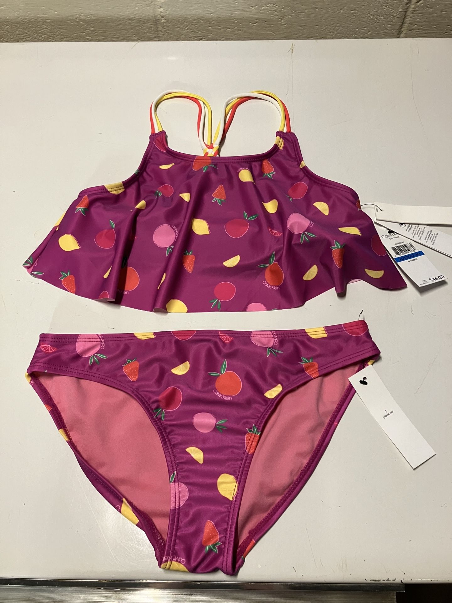 New Youth Girl Size 16 Calvin Klein 2 pc Swim Bathing Suits and Pool Straw Hat