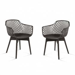 Dark Brown Plastic Hallow Pattern Outdoor Dining Chair Set of 2