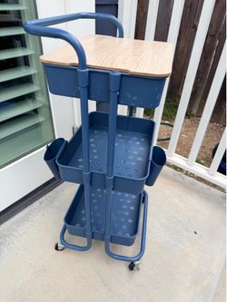 Rolling Utility Cart with Wood Top – Blue | Excellent Condition