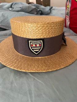Vintage Straw Boater Hat with Crest Band