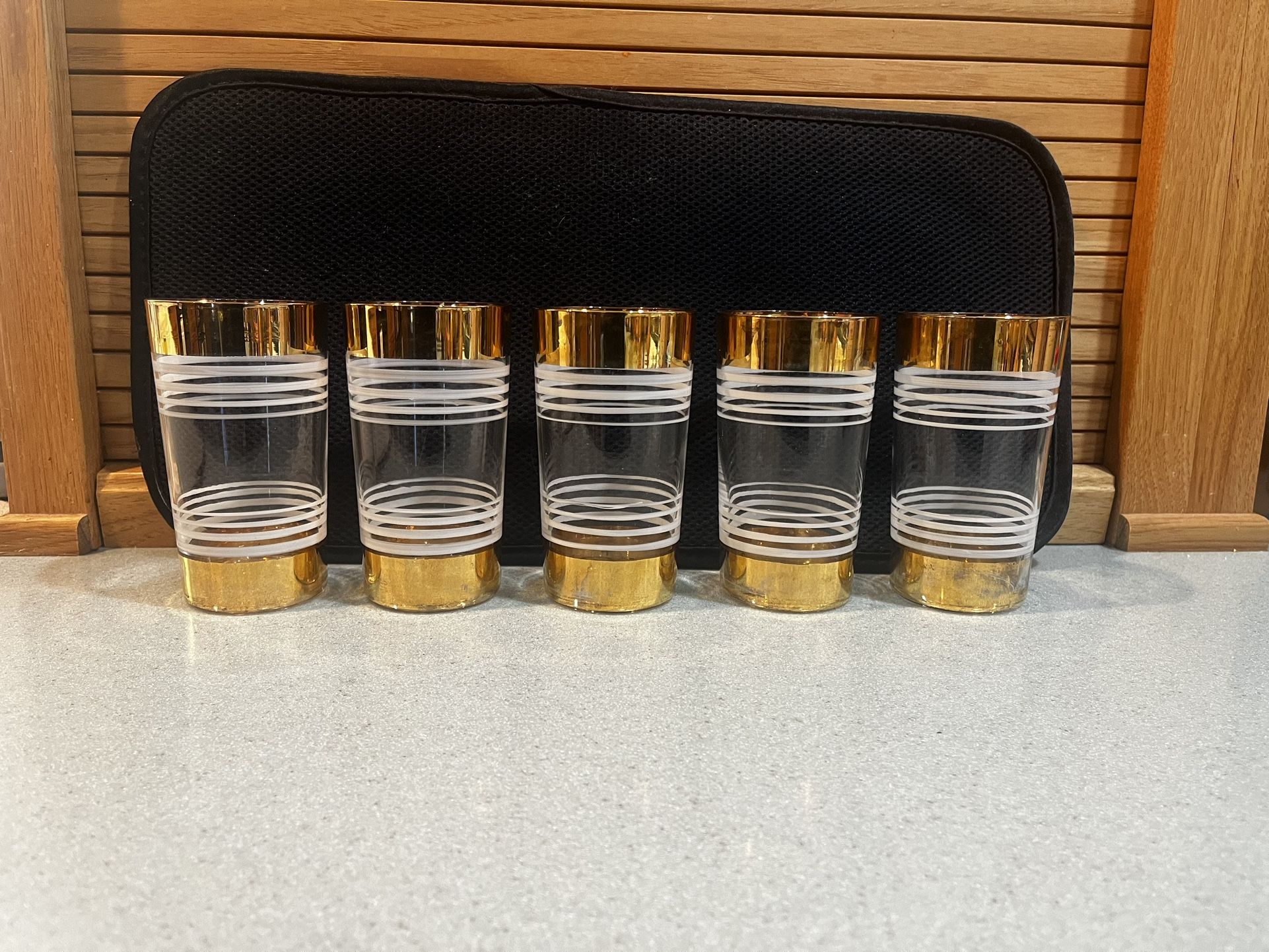 Five Vintage White Striped Glasses With Gold Band Top And Bottom. 5” X 2.75” Top. 2.25”On Bottom.