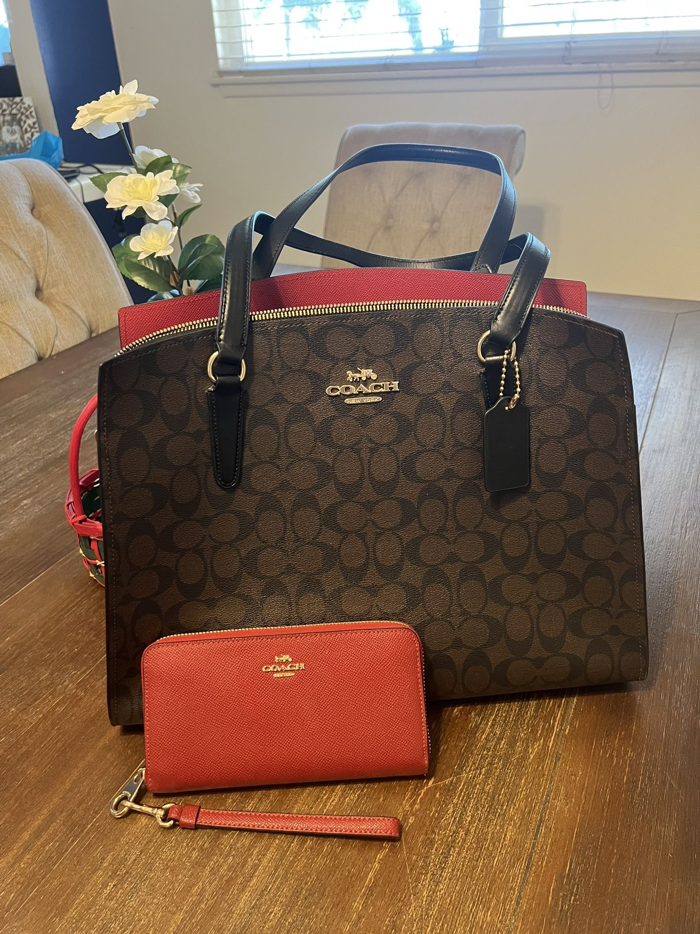 Coach Brown and Black Signature Tote Bag w/Long Zip Around Wallet, Red